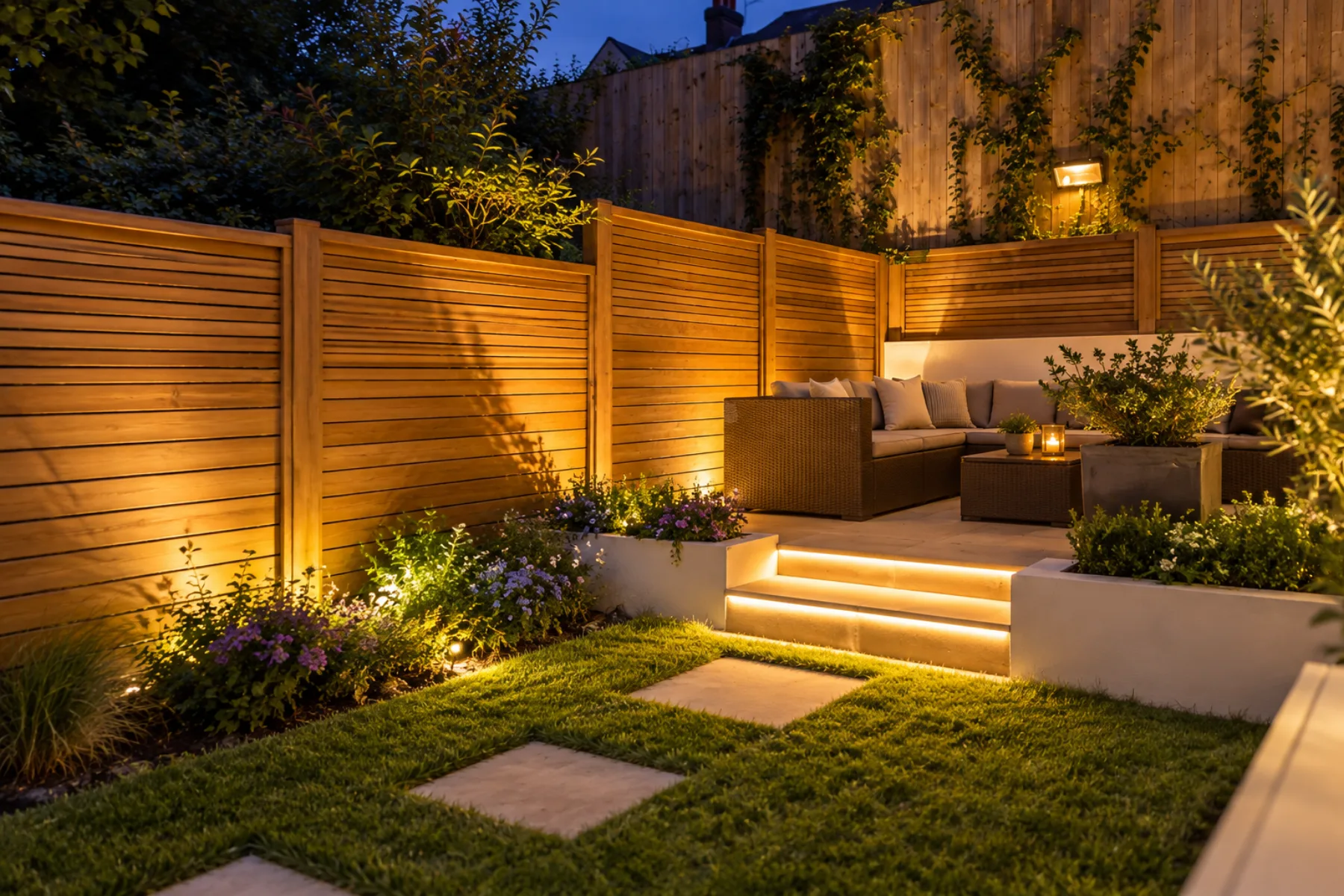 Wood privacy fence enclosing a landscaped backyard at night