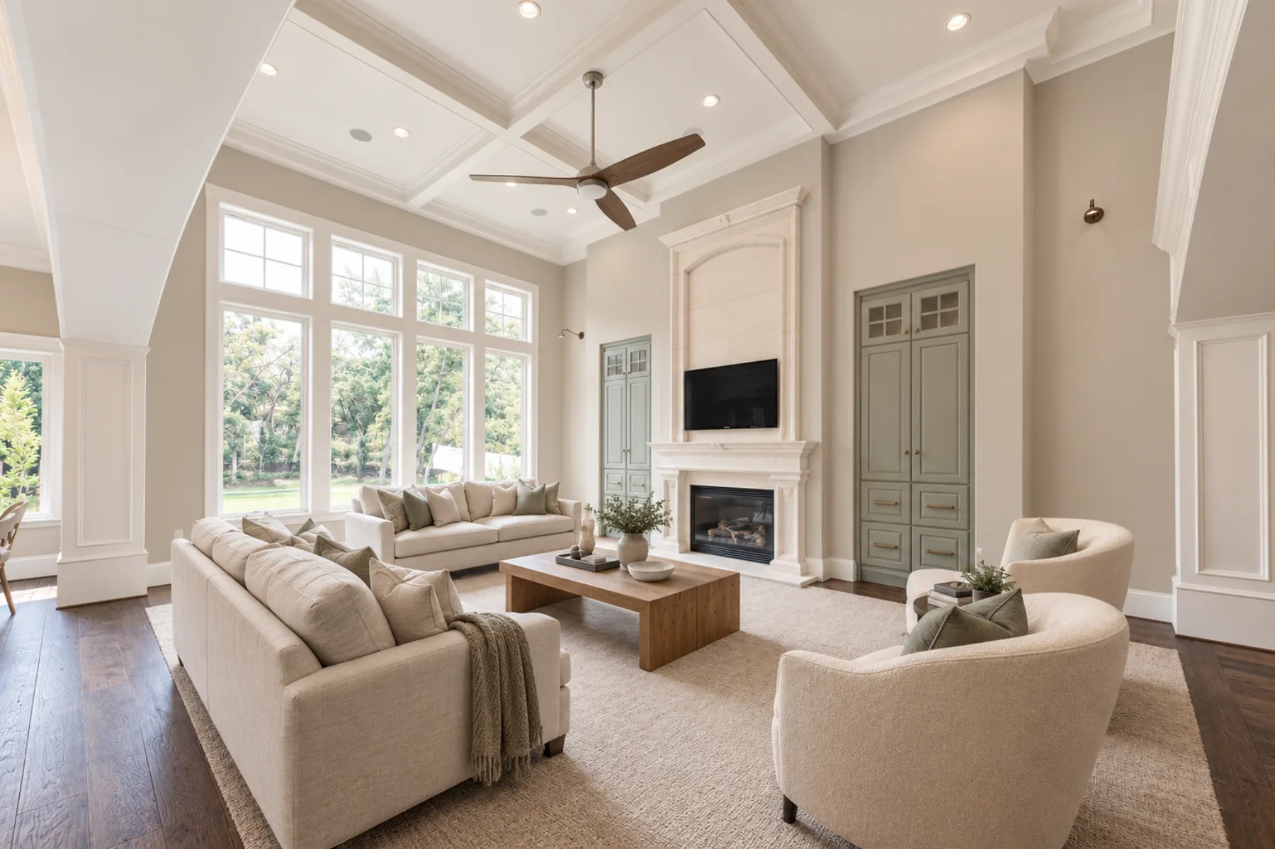 Bright living room with freshly painted walls, detailed trim and built-in cabinetry