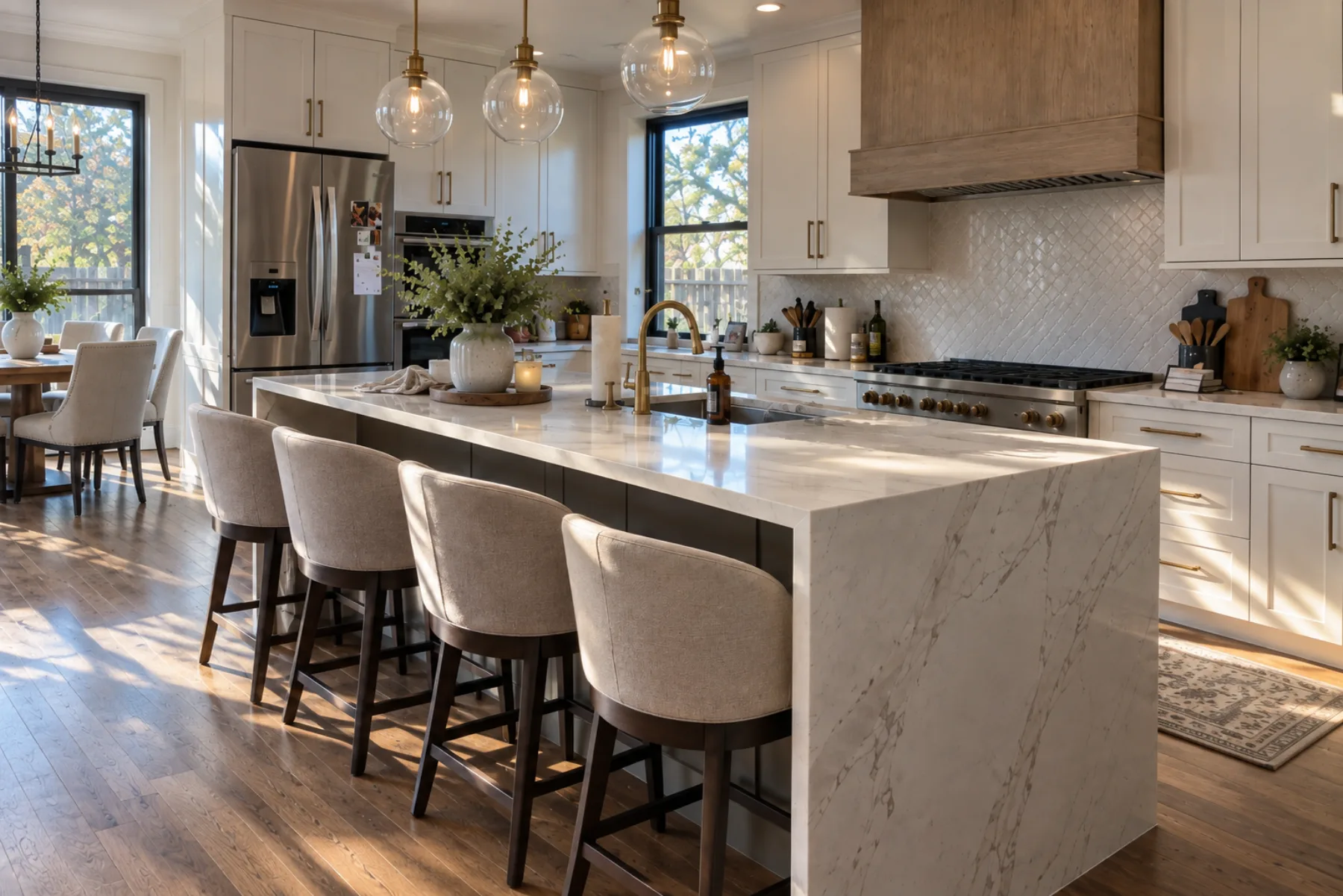 Bright kitchen with tile backsplash, cabinetry and wood-look flooring